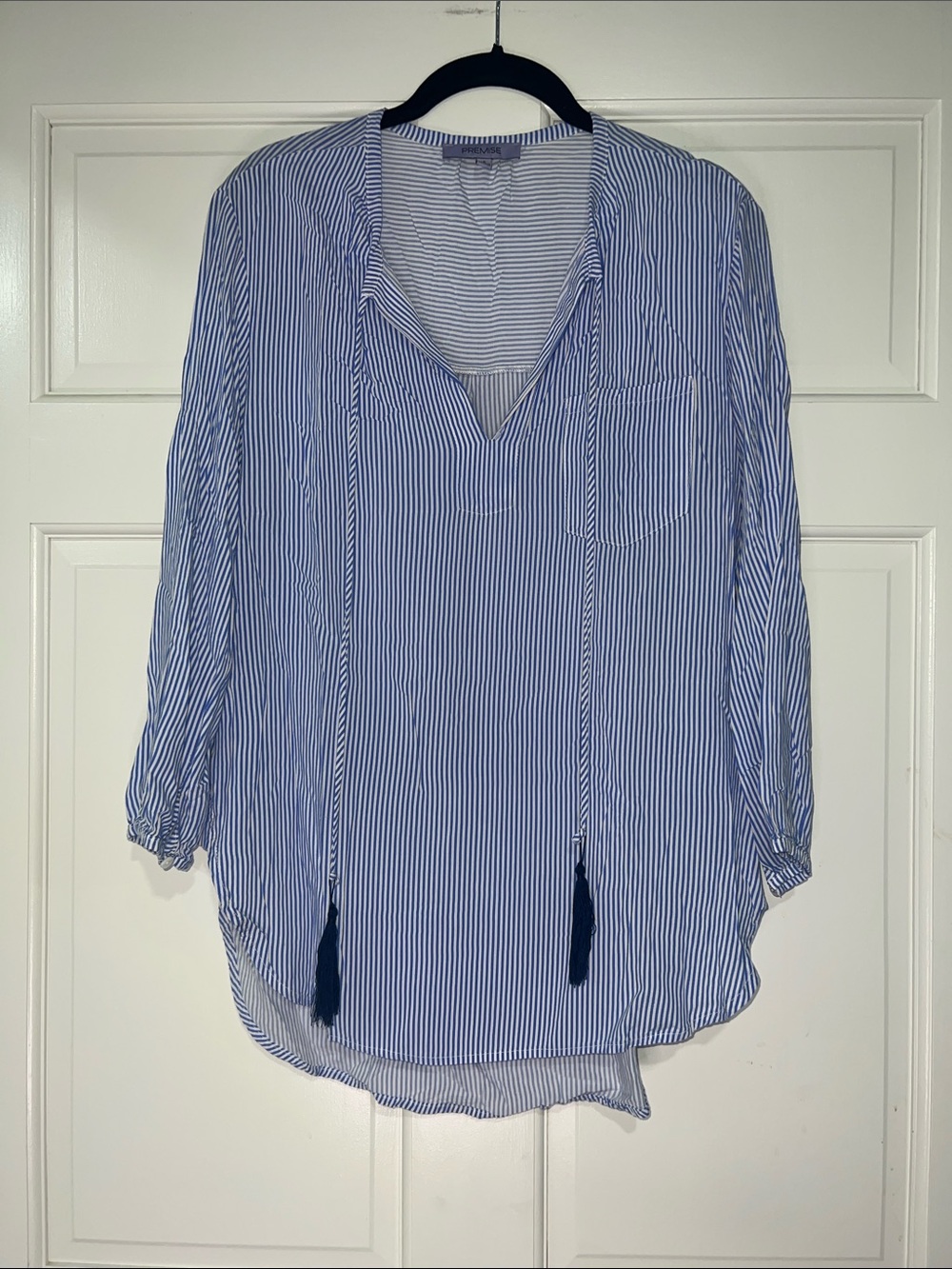 Blue & White Striped V-Neck Tunic Blouse with Tassel Ties